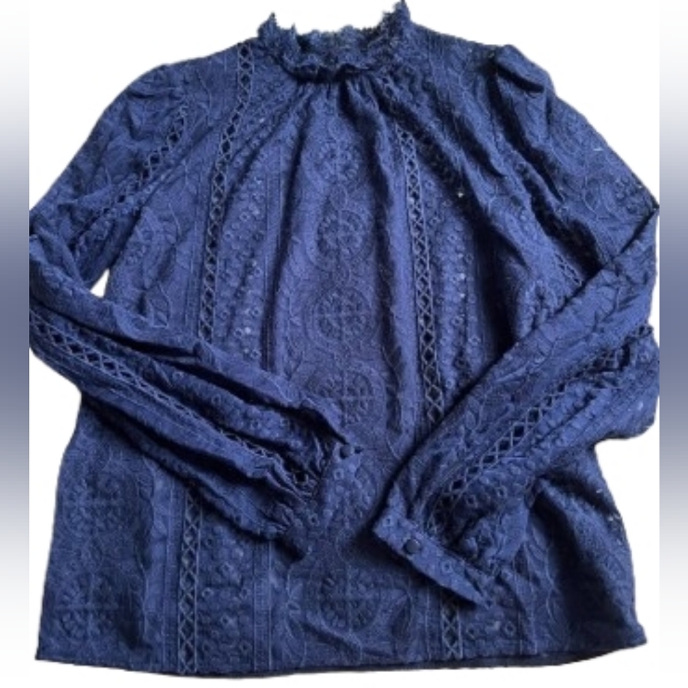 RARE Sezane Navy Lace Long-Sleeve Blouse - Picture 8 of 12